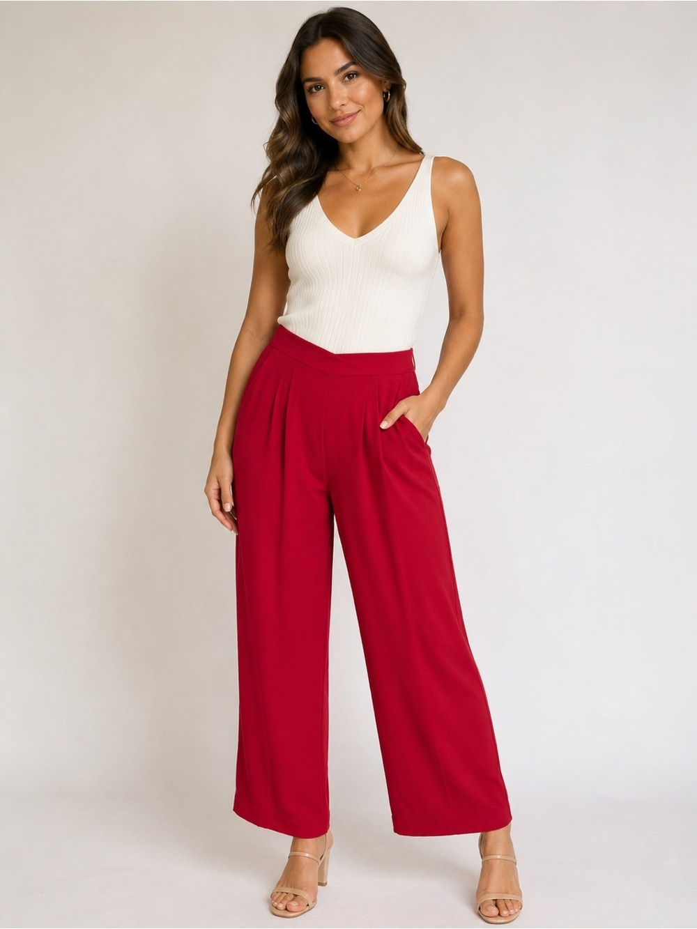 Norton McNaughton Wide-Leg High-Waist Pants in Red Size Large